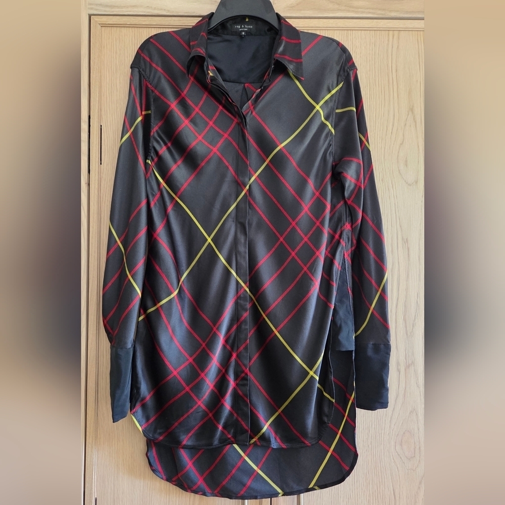 Rag & Bone Windowpane Edith Silk Blouse Dress Plaid Button Up - Picture 4 of 13